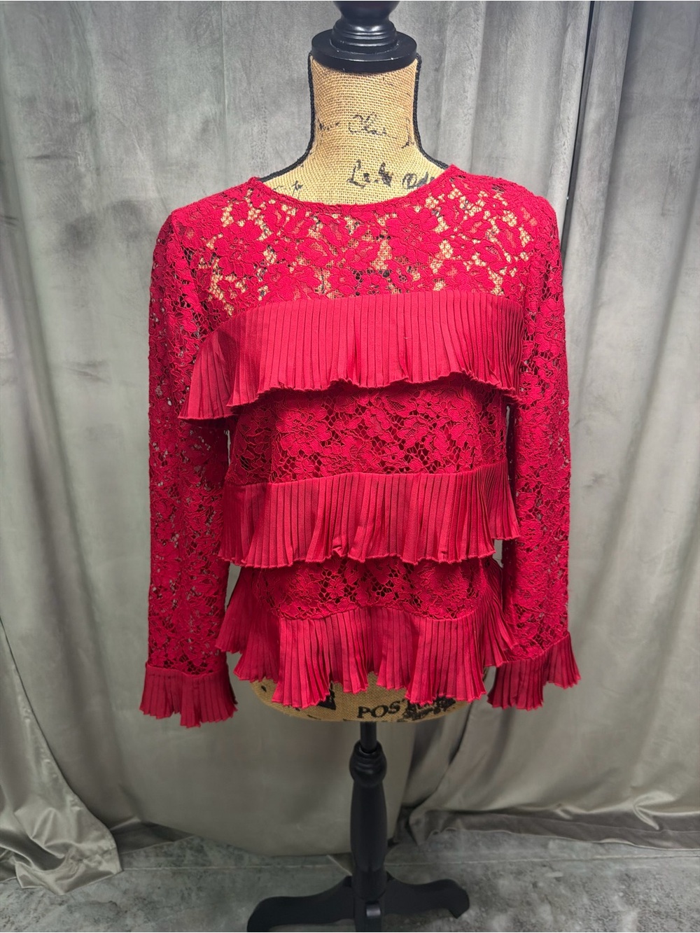 J.crew Red Lace Ruffle Long-Sleeve Top